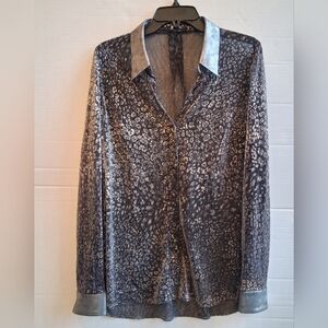 T Tahari Sheer Metallic Leopard Print Blouse Sz M
